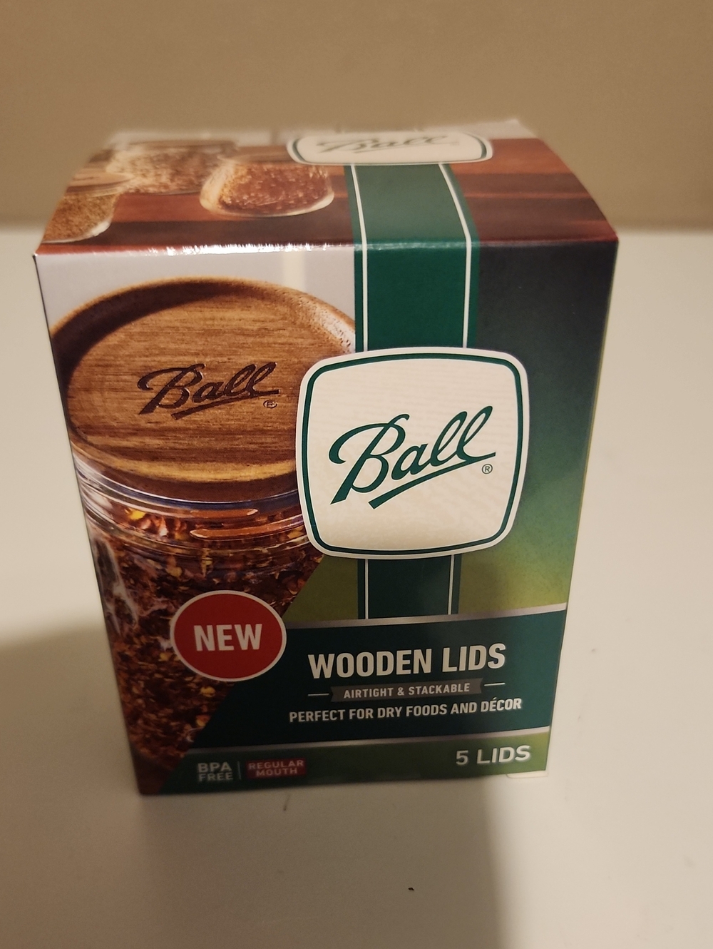 NIB Ball Regular Mouth Wooden Storage Lids 5 Pack Acacia Wood Seals